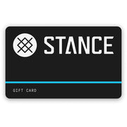 Stance gift card with black background and blue stripe on a white background