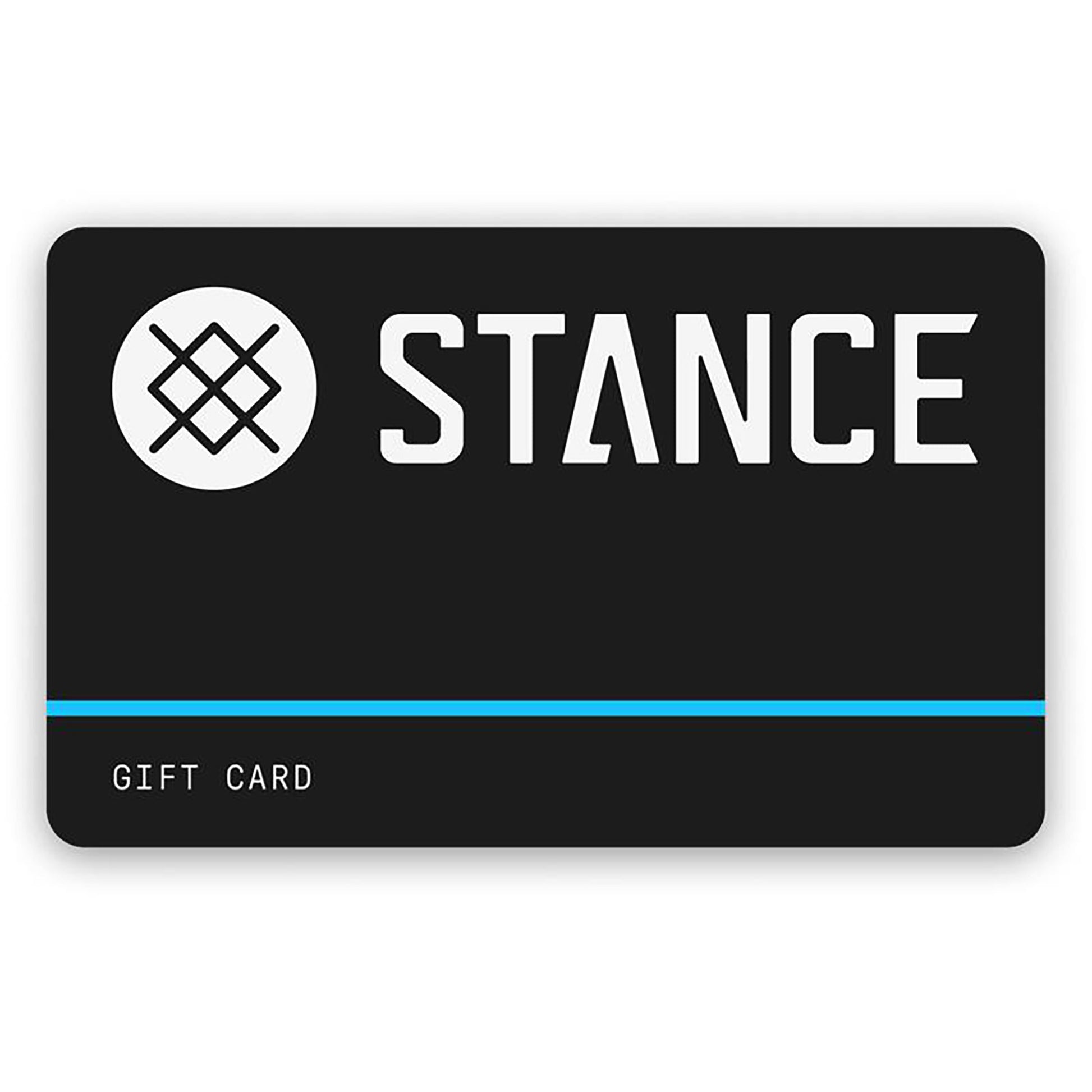 Stance gift card with black background and blue stripe on a white background
