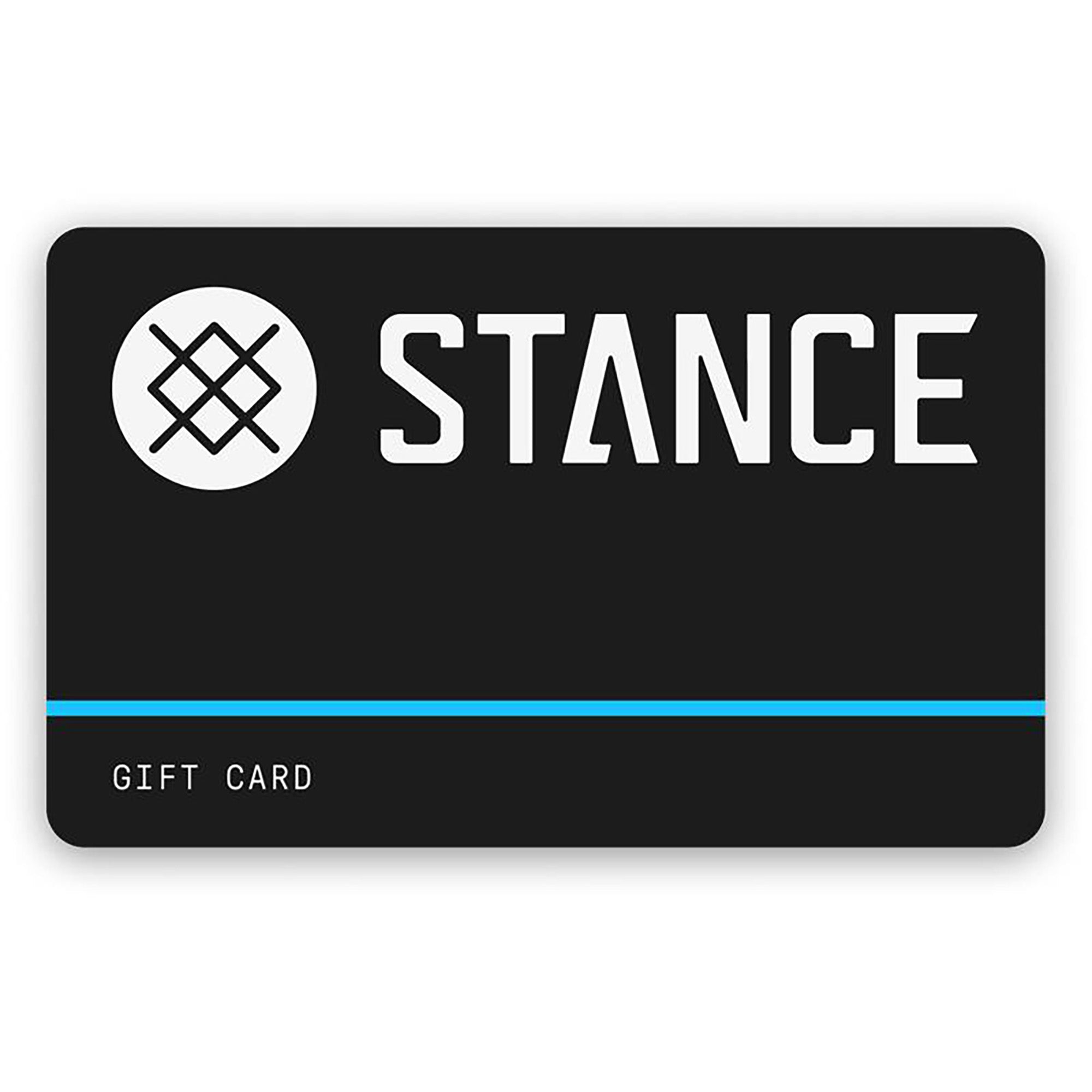 Stance gift card with black background and blue stripe on a white background