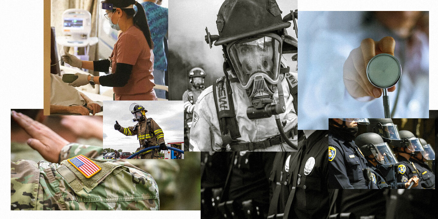 Collage of first responders, nurses, military, and police.
